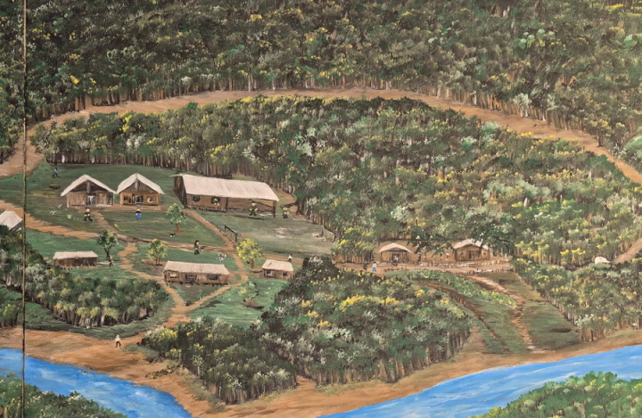 Esta es parte de una pintura de 7 metros de largo por uno de ancho elaborada por un soldado herido en combate. Su formación es empírica y hace una recreación de lo que vivió en su infancia y su entorno como la compra de coca y deforestación.