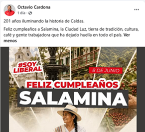 Octavio Cardona felicitó a Salamina en sus 201 años Foto | Tomada de Facebook | LA PATRIA