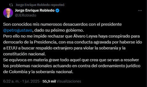 Robledo también rechaza a Leyva Foto | Tomada de la cuenta de X @JERobledo | LA PATRIA
