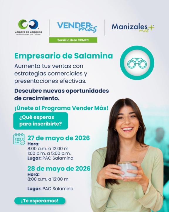 Villamaría y Salamina tendrán la oportunidad de participar de "Vender más", un programa que tiene como propósito que los empresarios y sus equipos puedan fortalecer todas las herramientas y capacidades comerciales.