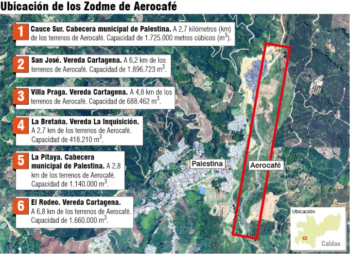 Ubicación de las zonas de manejo de escombros y material de excavación (Zodme) del proyecto para construir Aerocafé en Palestina (Caldas).