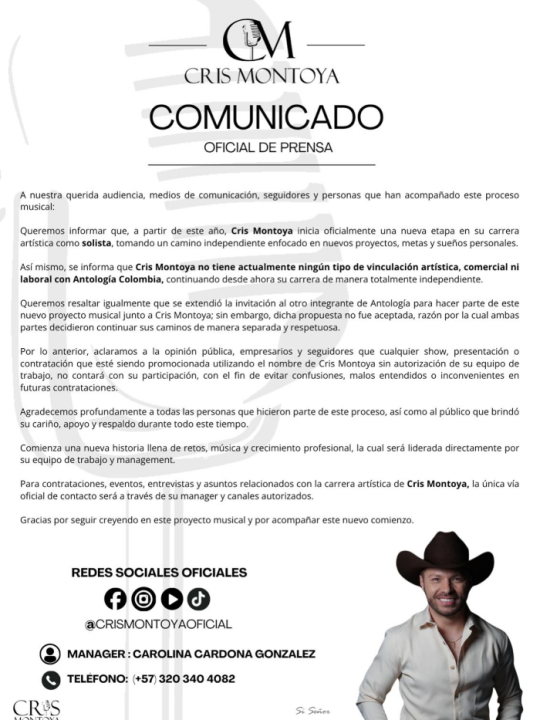 comunicado de Cris Montoya