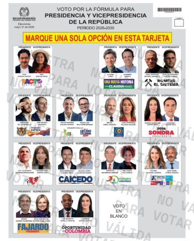 Esta es la tarjeta electoral a la Presidencia y Vicepresidencia de la República de Colombia. Usted encontrará las fotos de los aspirantes, así como el partido, movimiento o grupo significativo que representan para estas elecciones.