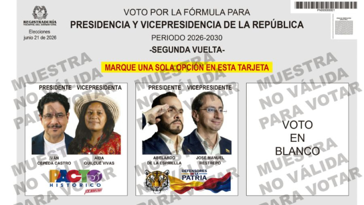 Esta es la tarjeta electoral para la segunda vuelta presidencial en Colombia que se realizará el próximo 21 de junio.