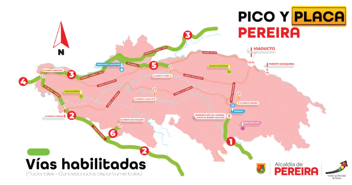 Vías habilitadas durante el pico y placa en Pereira.