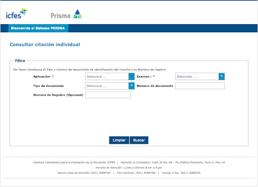 Captura de pantalla del módulo de consulta del Icfes