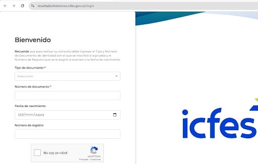 Captura de pantalla de la página web del Icfes