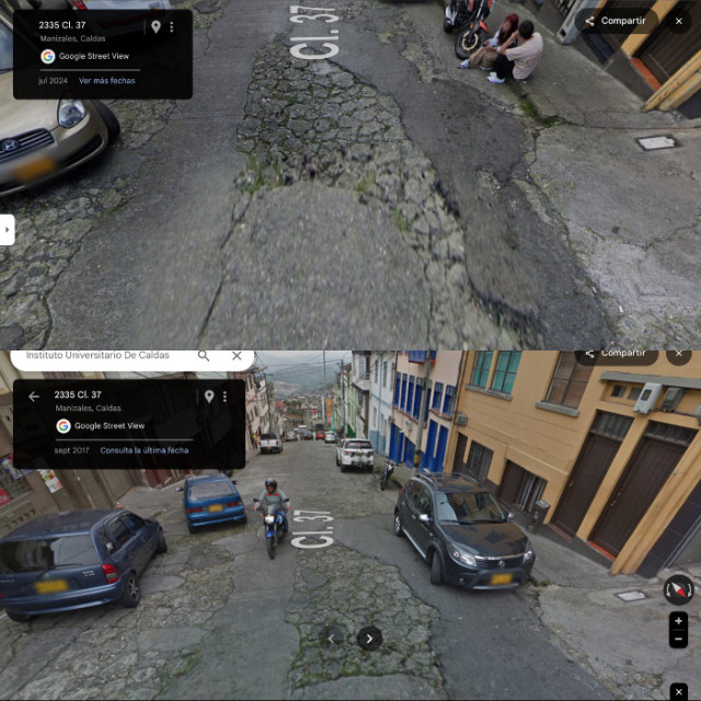 Foto | Captura de pantalla | LA PATRIA  Arriba la calle en julio del 2024 y abajo la misma parte de la vía en septiembre del 2017. Sigue igual de dañada. 
