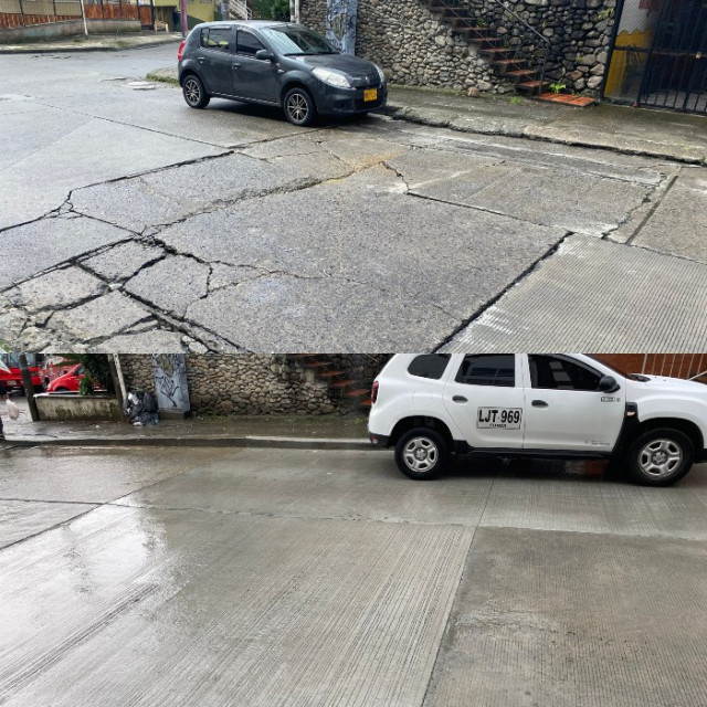 Foto 1 y 2 | LA PATRIA  Arriba el fragmento de la vía con huecos. Abajo el mismo fragmento, pero arreglado. 