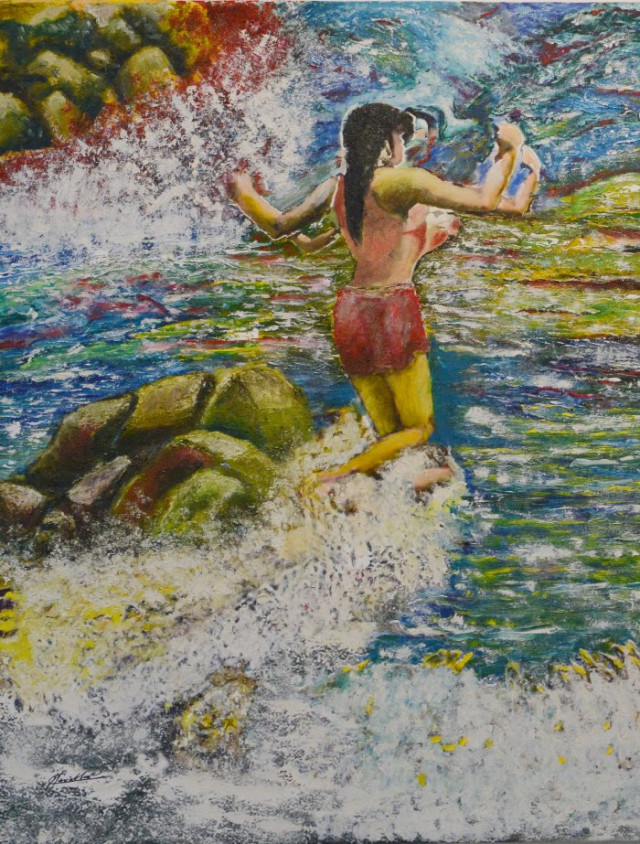 Foto | Freddy Arango | LA PATRIA “Todo esto lo vio en los lienzos, pero lo vio en forma de pintura porque al fin y al cabo solo era eso. Solo una pintura”. Fragmento del poema de Hugo Ceballos sobre su obra Agua.