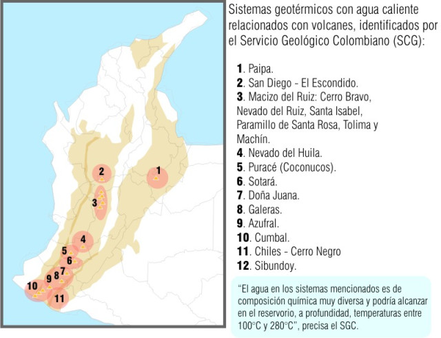Ubicaciones de sistemas geotérmicos relacionados con agua caliente en Colombia.
