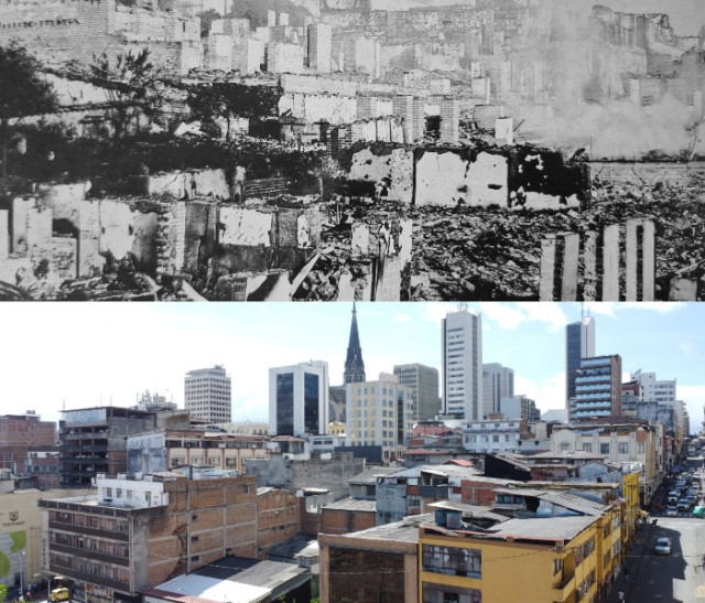 Ruinas a la sombra de la Catedral. La fotografía, capturada de norte a sur, ilustra el silencio que dejó el fuego y la inminente necesidad de reconstrucción.