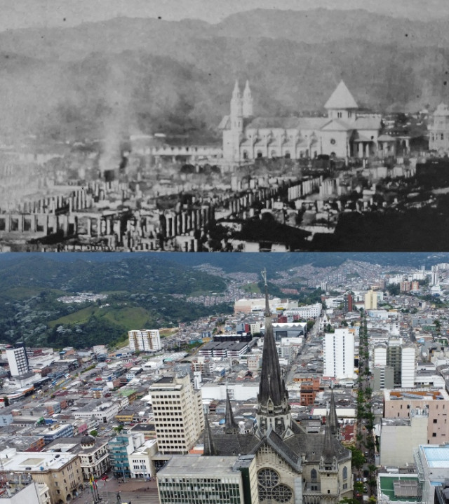 Panorámica posterior al incendio. Se aprecia la Catedral, el Palacio Municipal y, en tercer plano, la Basílica Menor de la Inmaculada Concepción, inaugurada en 1921 y con 104 años de historia.