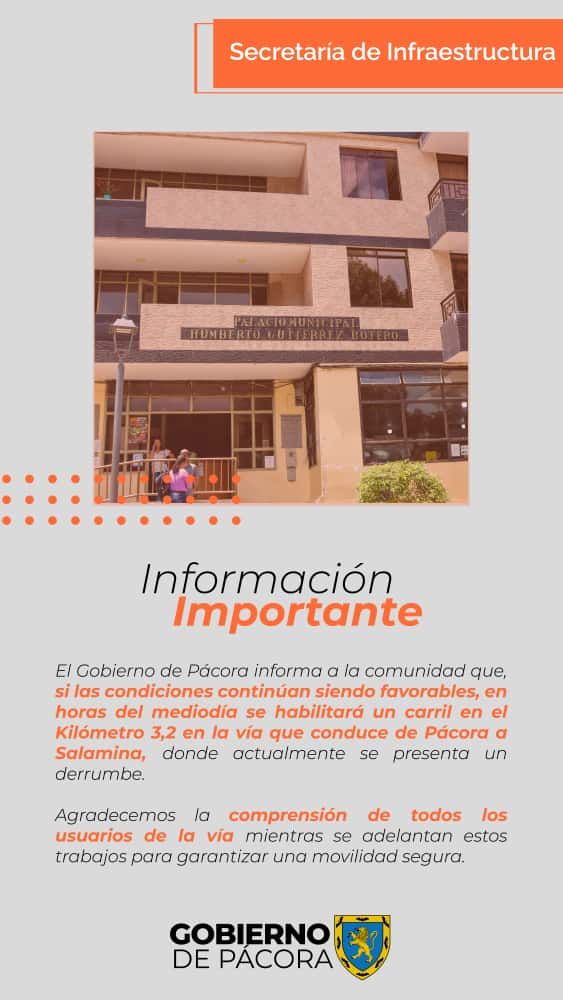 Alcaldía de Pácora espera habilitar carril al mediodía