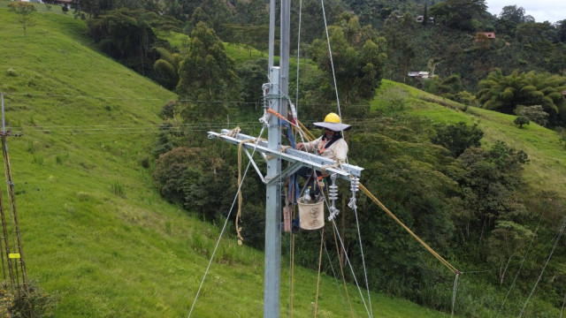 El liniero Diego Felipe Rodas en sus labores en la vereda Partidas de Villamaría, subido en un poste de 12 metros.