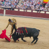 Muletazo de Uceda Leal al cuarto de la tarde, toro de La Quinta al que le cortó oreja este domingo en Madrid.