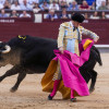El diestro Borja Jiménez con su primer toro durante la corrida con reses de Victoriano del Río y toros de Cortés, junto a los diestros Tomás Rufo y Emilio de Justo, el viernes 3 de octubre en Plaza de Toros de las Ventas, en Madrid (España).
