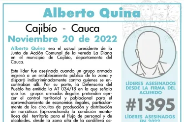 Asesinan a líder social y a otras dos personas en el Cauca