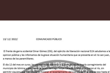 Misiva en la que el Eln anuncia el paro armado en los ríos San Juan, Sipí, Cajón y Calima a partir de las 6:00 p.m.