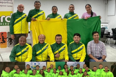 Arriba, parte de la delegación caldense que participará en los Juegos Nacionales para Periodistas, de Acord Colombia. Abajo, la selección Caldas de natación.