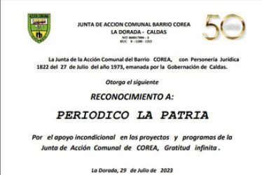 Este medio de comunicación fue reconocido por la Junta de Acción Comunal del barrio Corea de La Dorada (Caldas), por su misión de estar al lado de las comunidades.