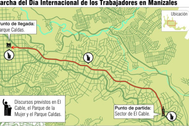 Ruta de la marcha del Día Internacional de los Trabajadores en Manizales.