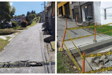 A la izquierda, así estaba la reja del alcantarillado. A la derecha se aprecia el sitio luego de que Aguas de Manizales hizo la reposición.