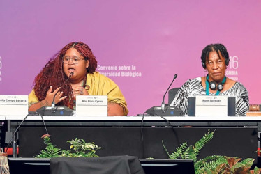 Ana Rosa Cyrus, directora ejecutiva de la Asociación Juvenil Engajamundo, habla junto a Ruth Spencer, presidenta del Marine Ecosystem Protected Areas Trust de Antigua y Barbuda, durante la COP16 en Cali.