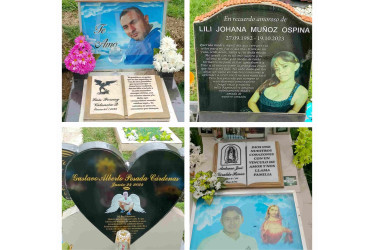 Algunas tumbas con las fotos de los fallecidos en en sus lápidas en el cementerio de Chinchiná (Caldas).