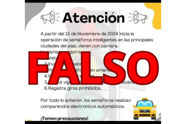 En redes circula una imagen que indica que desde el 15 de noviembre hay semáforos inteligentes en distintas ciudades del país que aplican comparendos por infracciones. Desde el 2019 ronda dicha desinformación. El contenido es falso. Este 2024 se recicló la publicación.