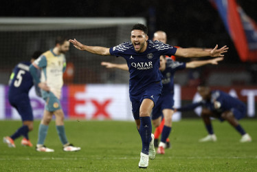 Gonçalo Ramos del PSG celebra tras anotar el 4-2 durante el partido de fútbol de la primera fase de la Liga de Campeones de la UEFA entre el Paris Saint-Germain (PSG) y el Manchester City, en París, Francia, este 22 de enero del 2025.