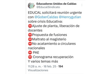 Supimos que: Educal pide reunión urgente con el gobernador de Caldas, Henry Gutiérrez