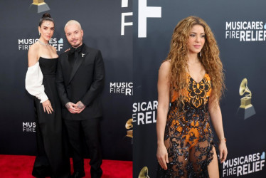 Los colombianos J Balvin, acompañado de su pareja Valentina Ferrer, y Shakira e la alfombra roja de los premios Grammy.