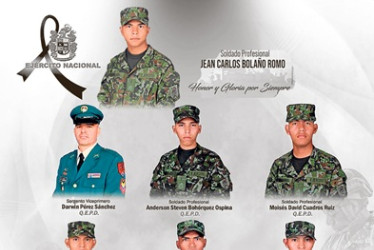 Sargento viceprimero Darwin Pérez Sánchez, Soldados Jairo Arteaga Estrada, Anderson Steven Bohórquez Ospina, Juan David González Fernández, Carlos Andrés Pushaina Pushaina, Moisés David Cuadros Ruiz y Jean Carlos Bolaño Romo.