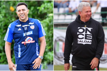 César Farías (izq.), entrenador del Junior de Barranquilla, y Hernán Darío Herrera, técnico del Once Caldas.