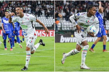 Jerson Malagón (izq.) y Esteban Beltrán anotaron los dos goles que le dieron la victoria y clasificación al Once Caldas en la Copa Sudamericana, ante GV San José, en Manizales. Sus celebraciones tuvieron una dedicatoria especial, dirigida a sus familias.