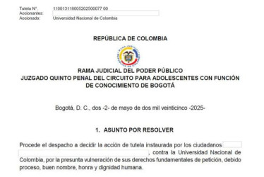 Una tutela, interpuesta por dos profesores, entre ellos un exvicerrector de la sede Manizales, falla a favor en primera instancia de la Universidad Nacional de Colombia. La decisión indica que el informe sobre evaluación a entidades sin ánimo de lucro seguirá siendo público. Docentes impugnarán el fallo. La imagen de esta nota fue usada por la U. en su comunicado de prensa.