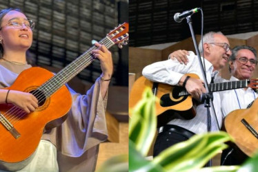 Laura Vargas y dos integrantes del grupo La Pequeña Rondalla de Caldas, músicos de música andina colombiana. 