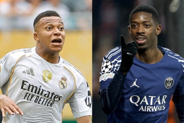 Combo de fotografías de archivo de los jugadores Kylian Mbappé (i) de Real Madrid y Ousmane Dembélé de Paris Saint-Germain. Los dos últimos vencedores de la Liga de Campeones frente a frente.