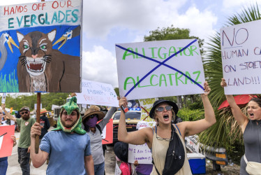 Activistas participan en una manifestación contra el centro de detención Alligator Alcatraz, en Florida (Estados Unidos). 