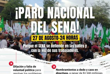 Foto I Cortesía para LA PATRIA  El sindicato del Sena Caldas dice: “Estas situaciones (las de la gráfica) nos llevan a la necesidad de movilizarnos y levantar nuestra voz de protesta en defensa de la calidad de la formación, la estabilidad laboral y el futuro del Sena”.