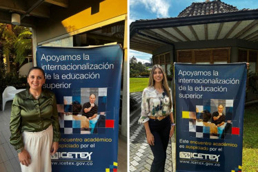 María del Carmen Vergara Quintero, directora de Investigación, Innovación y Emprendimiento y coordinadora del Programa Delfín Capítulo Colombia, y Geraldine Santa Acosta, profesional del Programa Delfín.