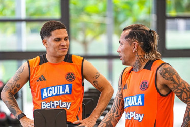 Dayro Moreno junto a Juan Fernando Quintero en una sesión de gimnasio de la Selección Colambia. La Tricolor juega el jueves y en Manizales pondrán pantallas gigantes para ver el partido.