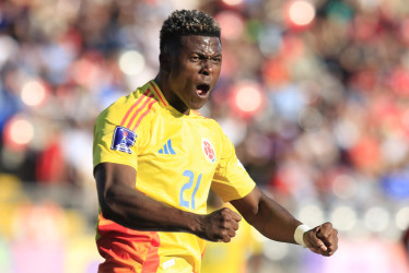 Néiser Villarreal de Colombia celebra un gol este sábado, en un partido de cuartos de final de la Copa Mundial Sub-20 entre España y Colombia en el estadio Fiscal de Talca (Chile).