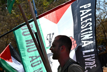  Una persona participa durante una protesta a favor de Palestina y exigiendo la liberación de los activistas de la flotilla de ayuda humanitaria a Gaza este martes, en Brasilia (Brasil). 