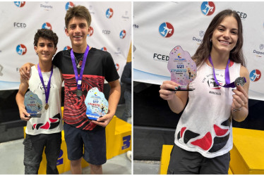 Miguel Tobón (izq.) y Paulina Mejía, del club MBC de Manizales, subieron al podio en la Copa Colombia de Escalada 2025 en Bogotá.