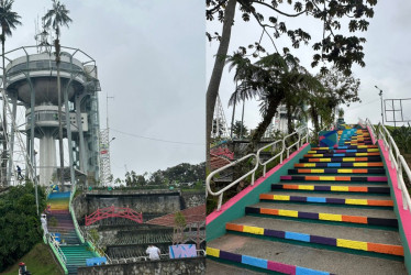 Tres artistas urbanos de Manizales pintan las escaleras de la Torre Panorámica de Chipre.