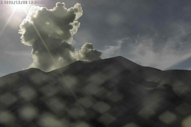 "Figura 1. Registro de la cámara Mina, ubicada a 2,2 km en dirección norte del volcán Puracé. Columna de gases y ceniza registrada a las 8:00 a. m. del 8 de diciembre de 2025, que alcanzó una altura de 700 metros sobre la cima del volcán Puracé", explicó el Servicio Geológico Colombiano en su boletín extraordinario.