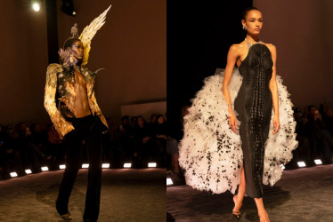 Modelos desfilan con diseños de la marca Schiaparelli, inaugurando este lunes la semana de la Alta Costura de París. 