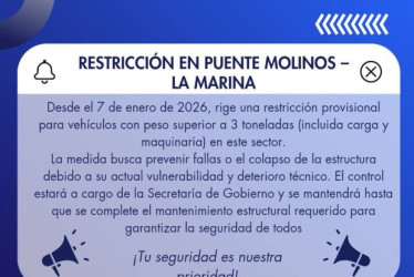 Imagen I Facebook Alcaldía I LA PATRIA  La Alcaldía informó que se restringe provisionalmente el tránsito vehicular sobre el puente Molinos - La Marina por reparaciones. 